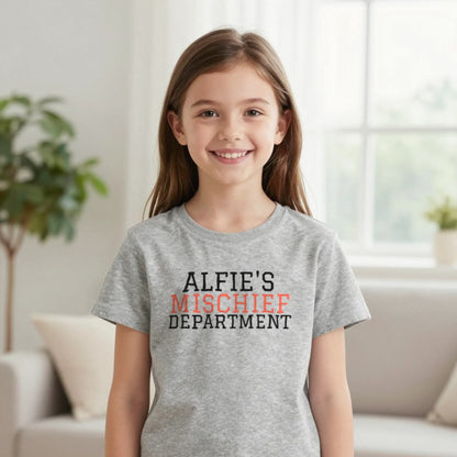 Kids Personalised Mischief Department T-Shirt & Sweatshirt T-Shirt in Sport Grey, worn, our photo