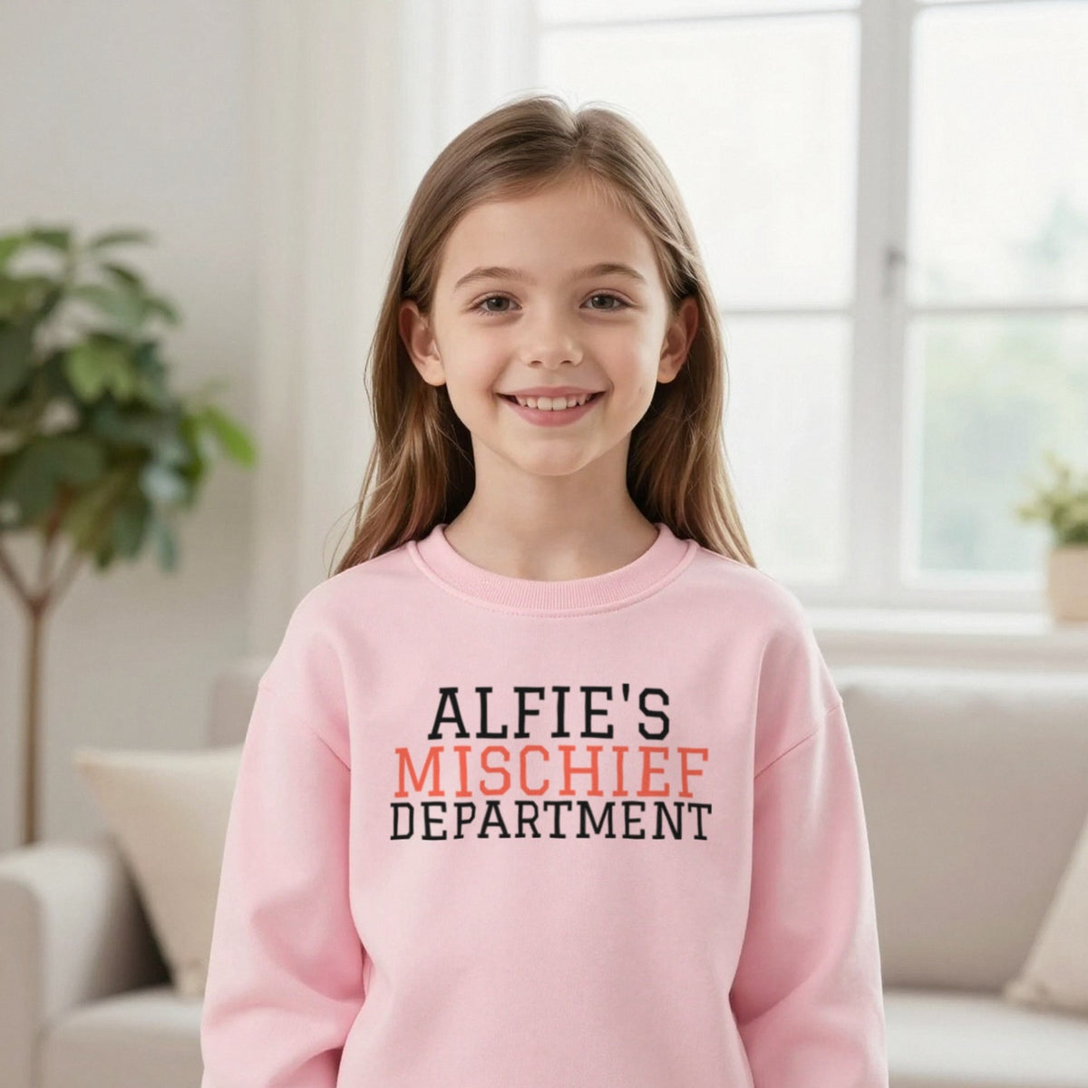 Kids Personalised Mischief Department T-Shirt & Sweatshirt Sweatshirt in Light Pink, worn, our photo