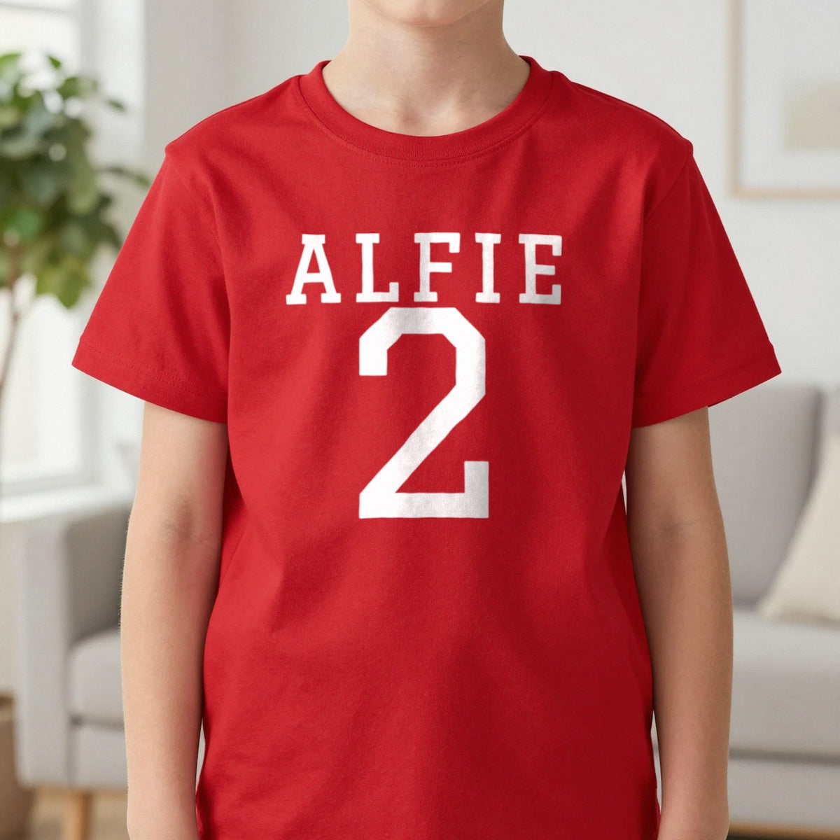 Kids Personalised Name And Number T-Shirt & Sweatshirt T-Shirt in Red, worn, our photo