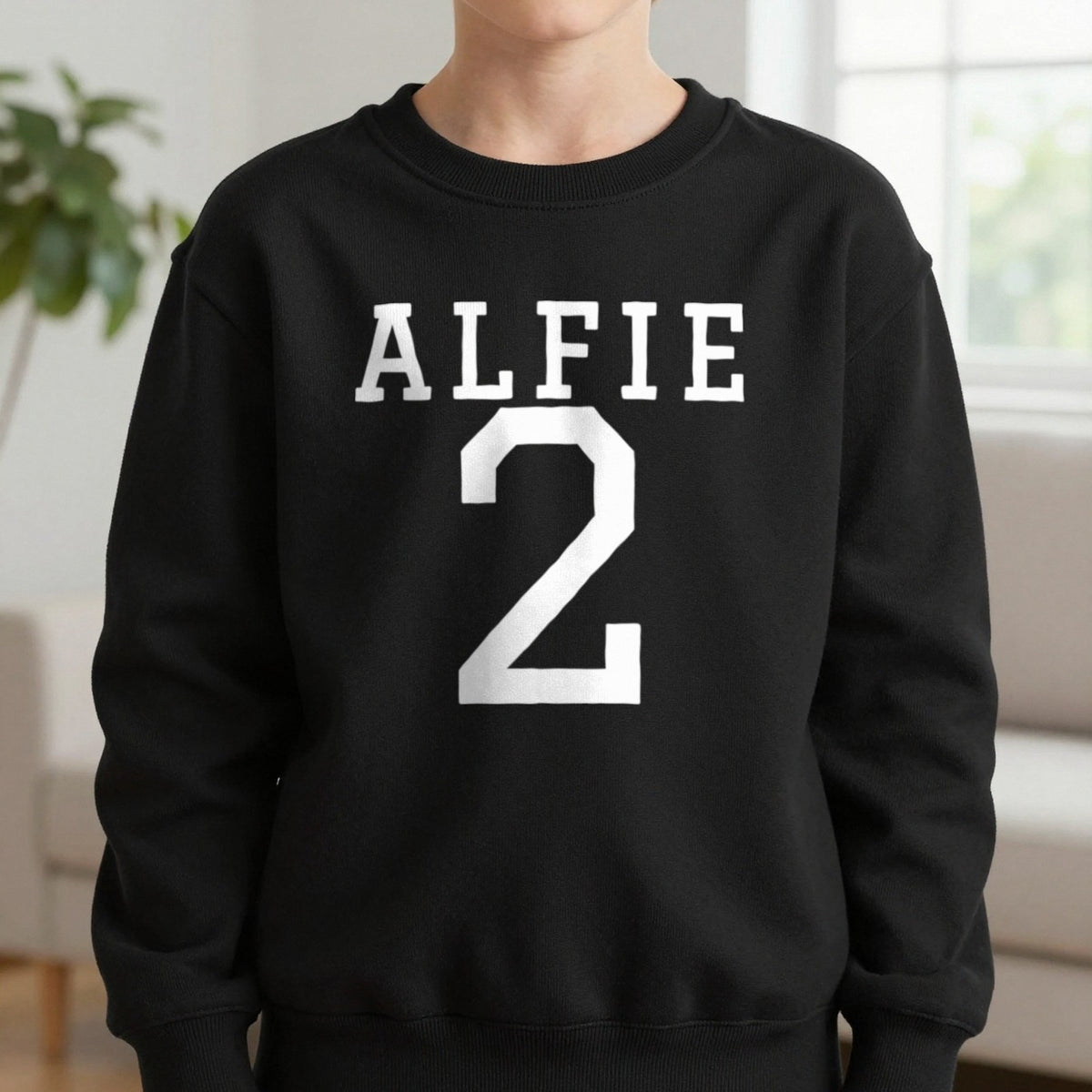 Kids Personalised Name And Number T-Shirt & Sweatshirt Sweatshirt in Black, worn, our photo