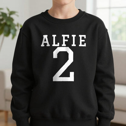 Kids Personalised Name And Number T-Shirt & Sweatshirt Sweatshirt in Black, worn, our photo