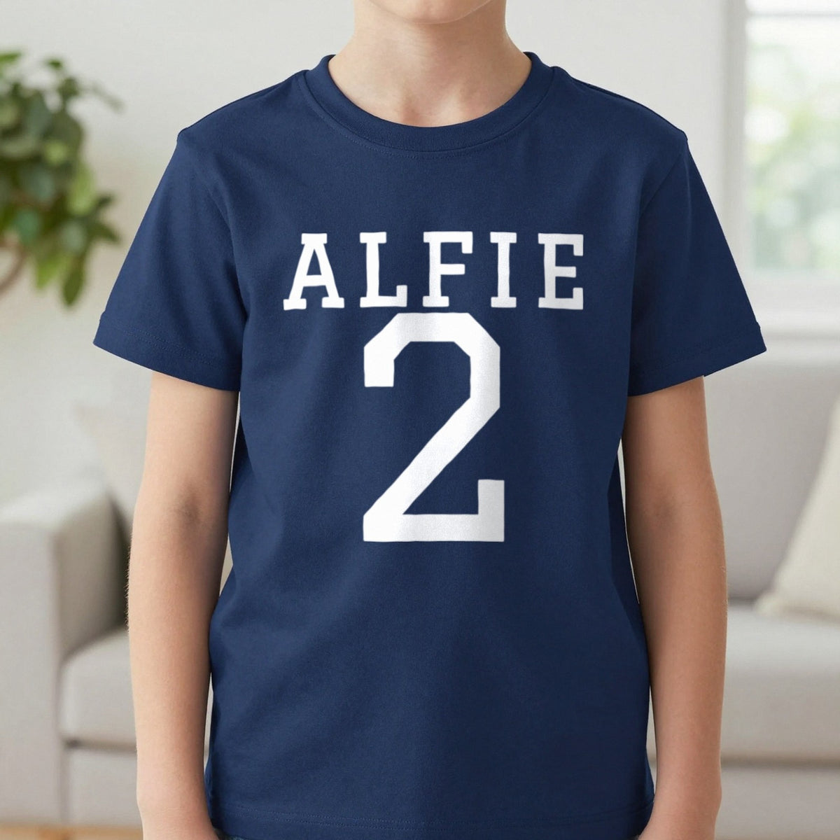 Kids Personalised Name And Number T-Shirt & Sweatshirt T-Shirt in Navy, worn, our photo