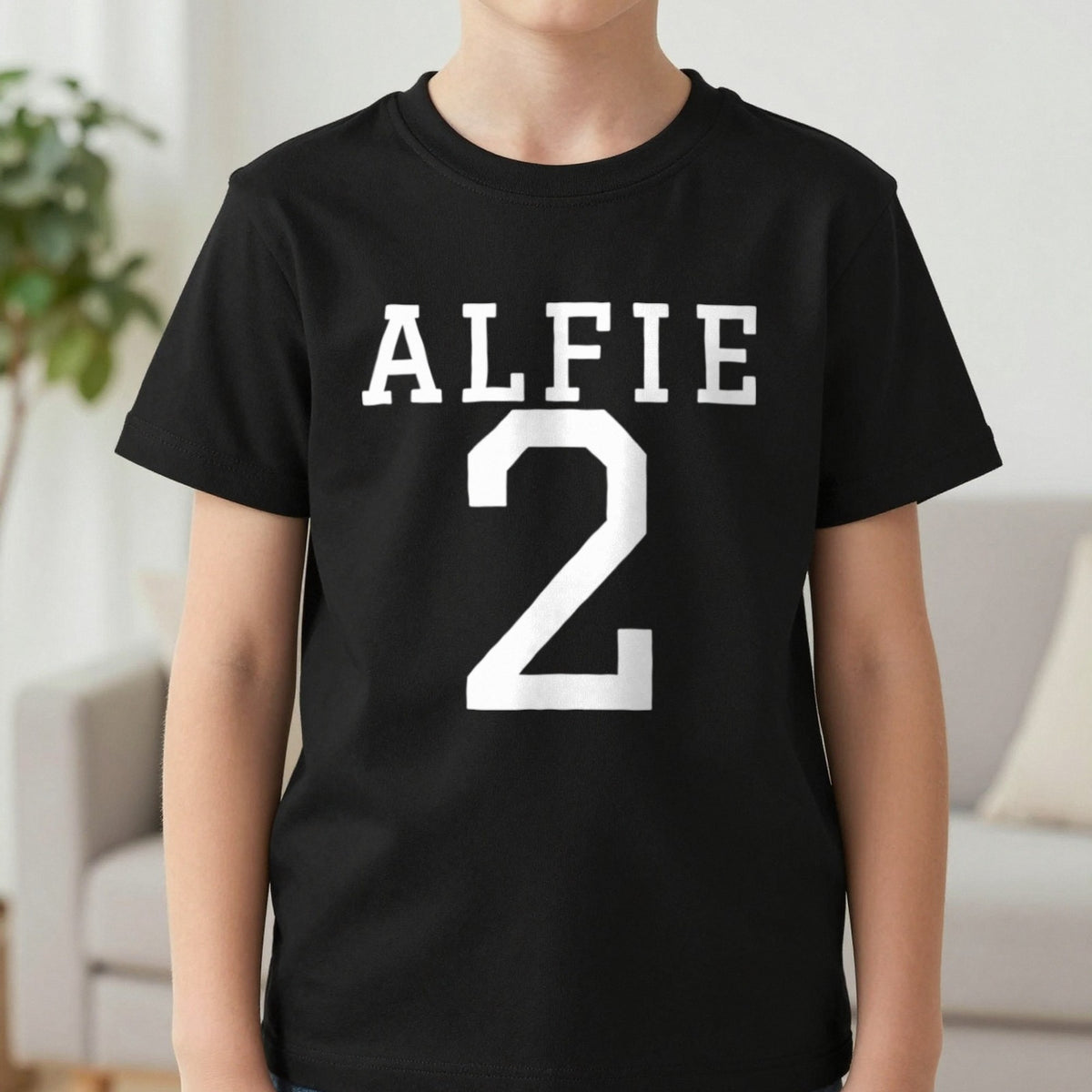 Kids Personalised Name And Number T-Shirt & Sweatshirt T-Shirt in Black, worn, our photo