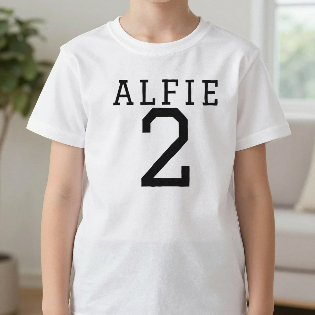 Kids Personalised Name And Number T-Shirt & Sweatshirt T-Shirt in White, worn, our photo