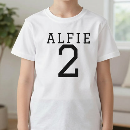Kids Personalised Name And Number T-Shirt & Sweatshirt T-Shirt in White, worn, our photo