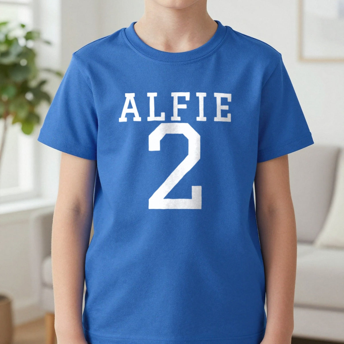 Kids Personalised Name And Number T-Shirt & Sweatshirt T-Shirt in Royal, worn, our photo
