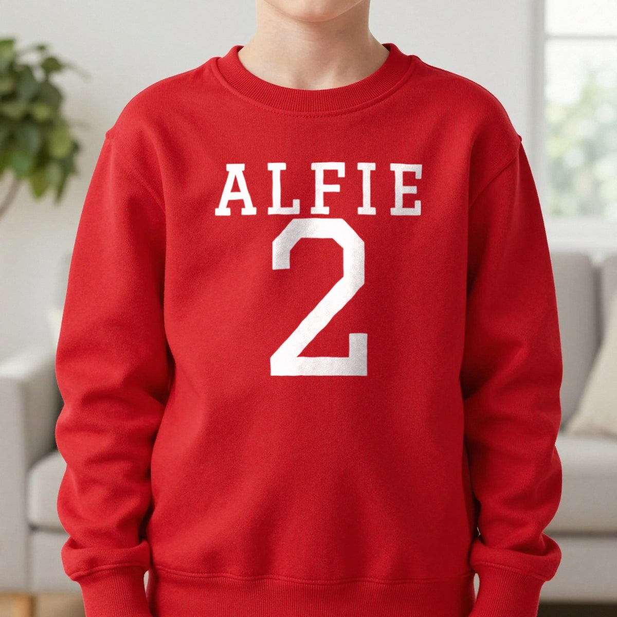 Kids Personalised Name And Number T-Shirt & Sweatshirt Sweatshirt in Red, worn, our photo