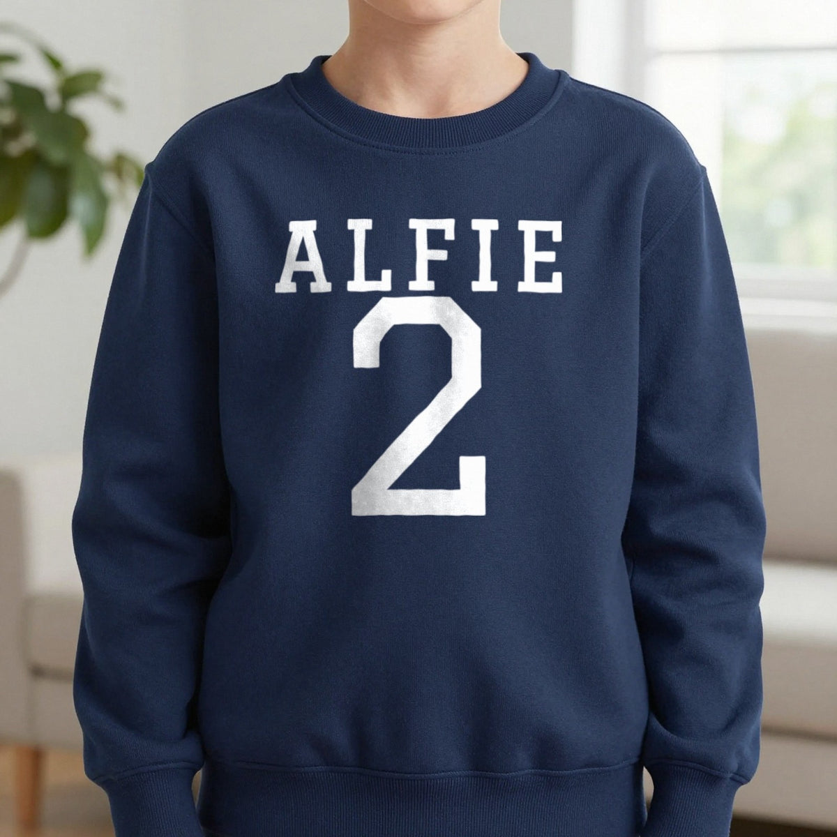 Kids Personalised Name And Number T-Shirt & Sweatshirt Sweatshirt in Navy, worn, our photo