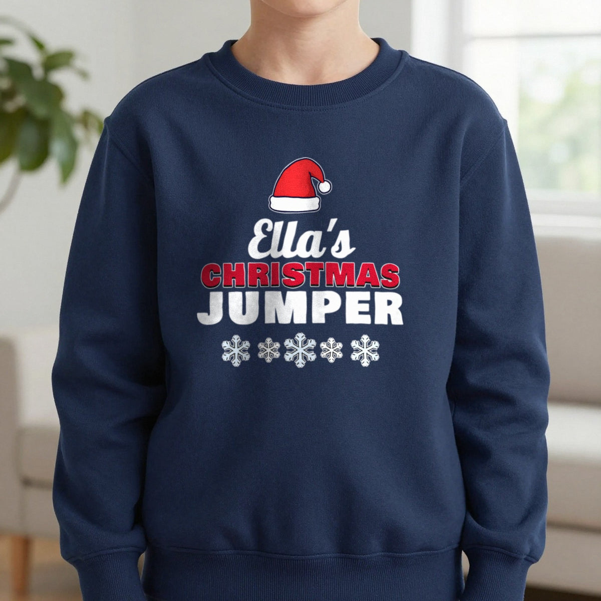 Kids Personalised Name's Christmas Jumper Sweatshirt in Navy, worn, our photo