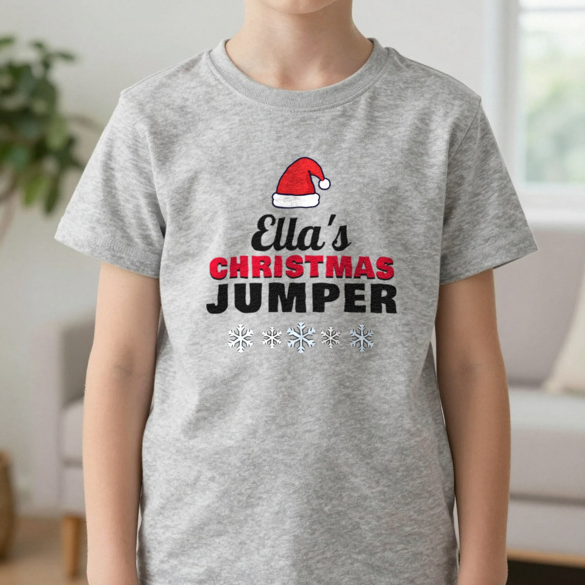 Kids Personalised Name's Christmas Jumper T-Shirt in Sport Grey, worn, our photo