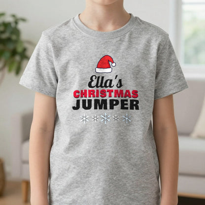 Kids Personalised Name's Christmas Jumper T-Shirt in Sport Grey, worn, our photo