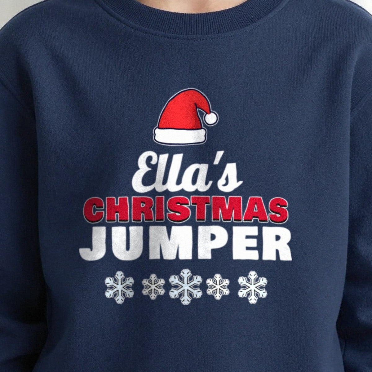 Kids Personalised Name's Christmas Jumper print close-up, our photo