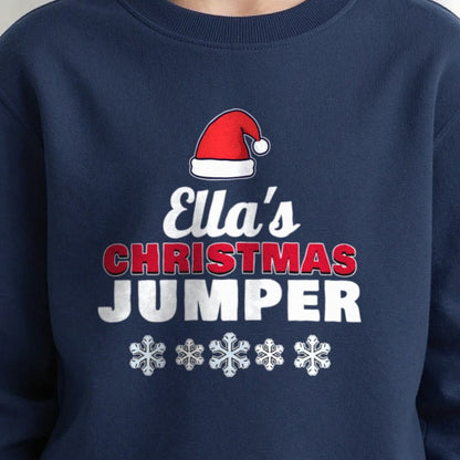 Kids Personalised Name's Christmas Jumper print close-up, our photo