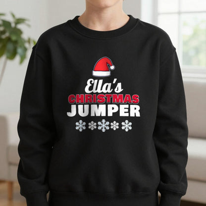 Kids Personalised Name's Christmas Jumper Sweatshirt in Black, worn, our photo