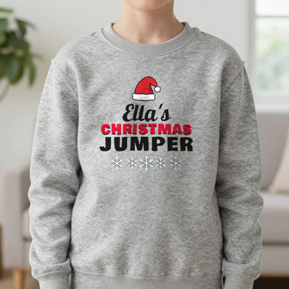 Kids Personalised Name's Christmas Jumper Sweatshirt in Sport Grey, worn, our photo