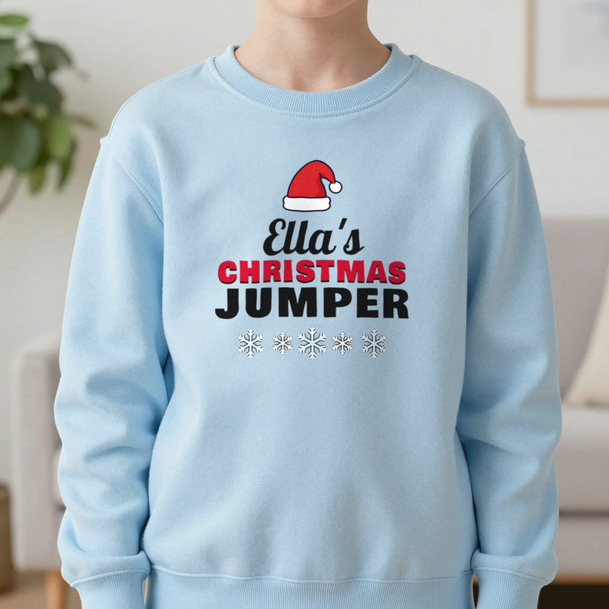 Kids Personalised Name's Christmas Jumper Sweatshirt in Light Blue, worn, our photo