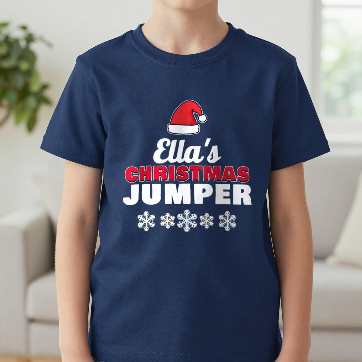 Kids Personalised Name's Christmas Jumper T-Shirt in Navy, worn, our photo