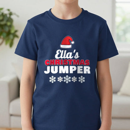 Kids Personalised Name's Christmas Jumper T-Shirt in Navy, worn, our photo