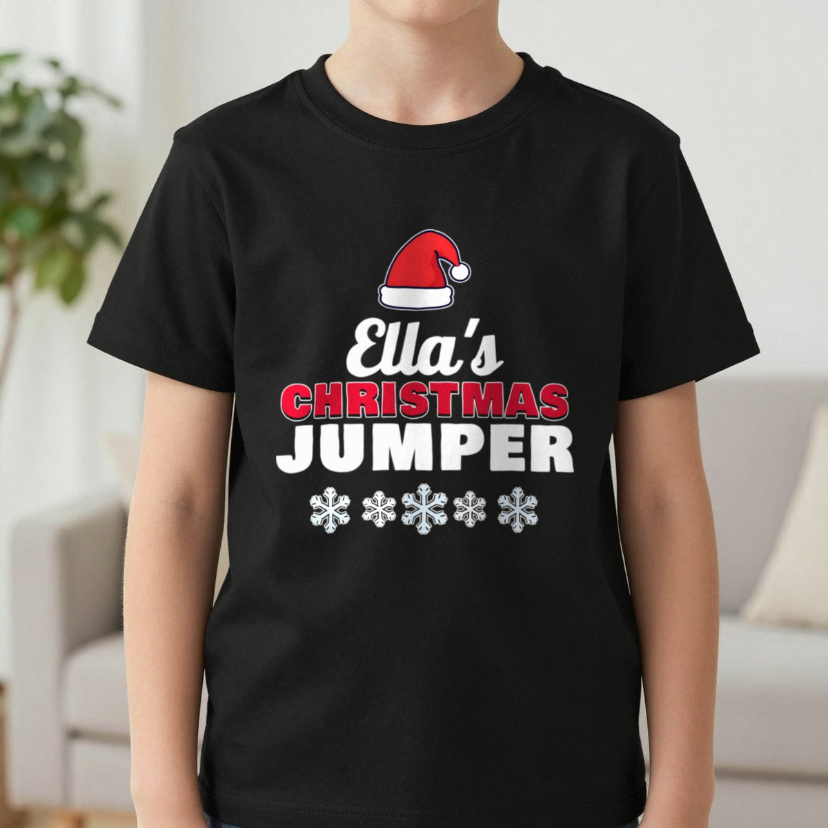 Kids Personalised Name's Christmas Jumper T-Shirt in Black, worn, our photo