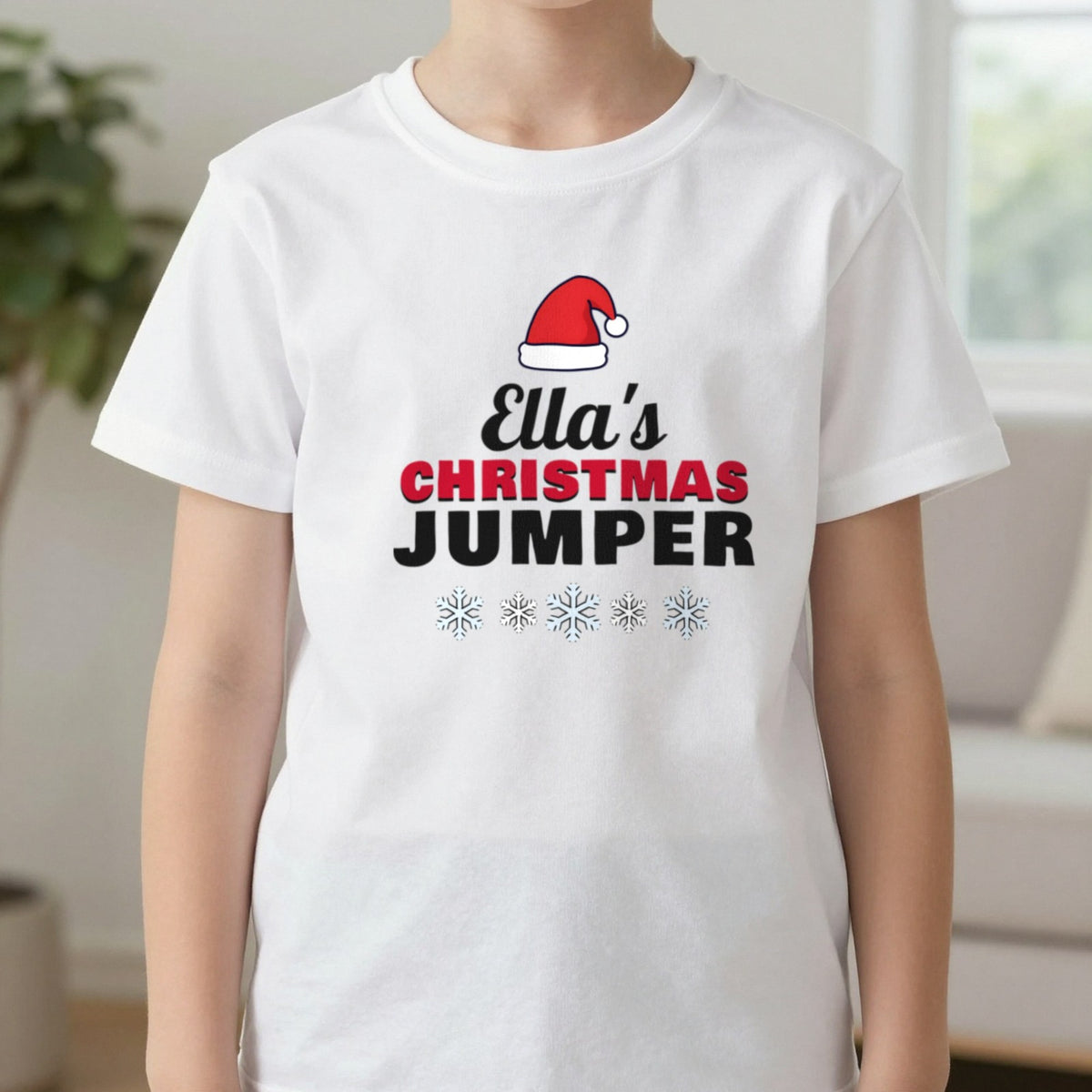 Kids Personalised Name's Christmas Jumper T-Shirt in White, worn, our photo