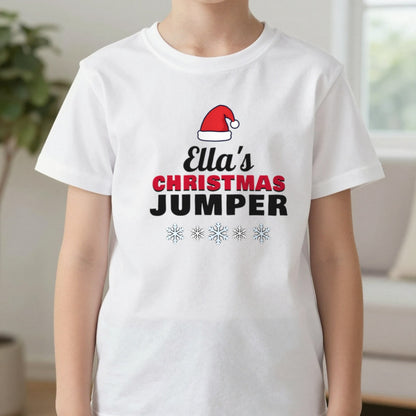 Kids Personalised Name's Christmas Jumper T-Shirt in White, worn, our photo