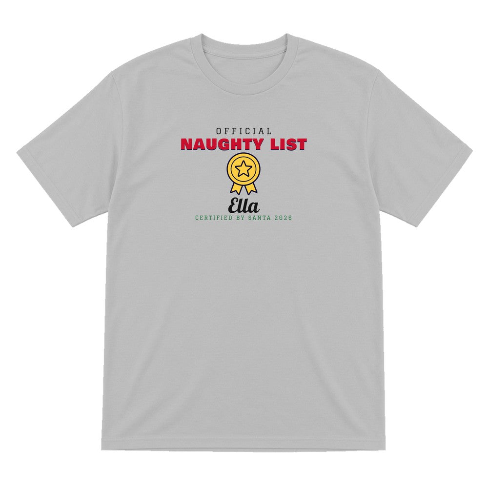 Kids Personalised Nice List Christmas Jumper & T-Shirt Naughty T-Shirt in Sport Grey
