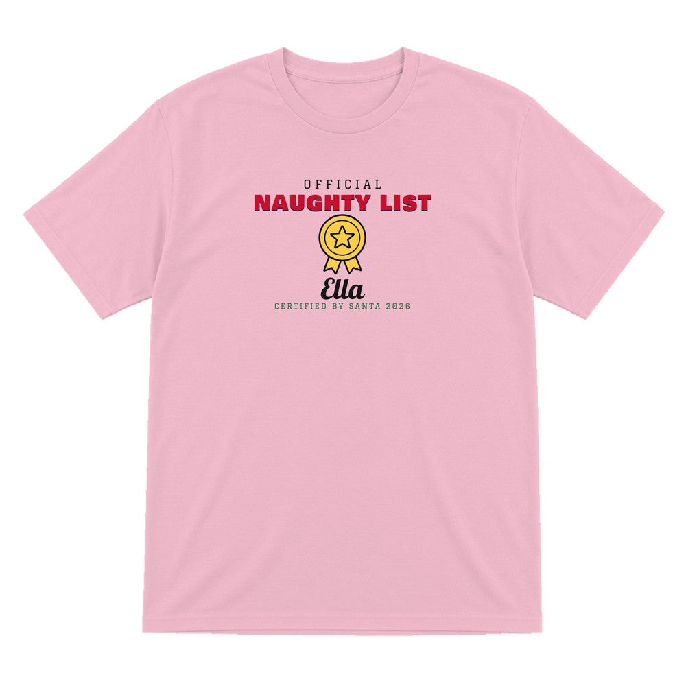 Kids Personalised Nice List Christmas Jumper & T-Shirt Naughty T-Shirt in Light Pink