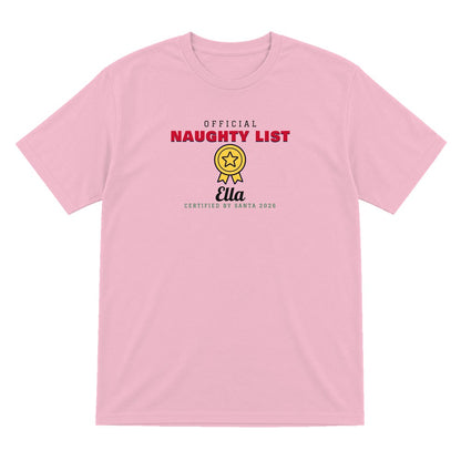 Kids Personalised Nice List Christmas Jumper & T-Shirt Naughty T-Shirt in Light Pink