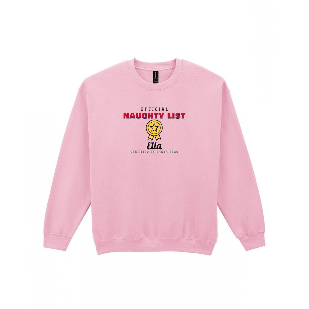 Kids Personalised Nice List Christmas Jumper & T-Shirt Naughty Sweatshirt in Light Pink