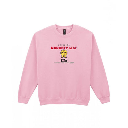 Kids Personalised Nice List Christmas Jumper & T-Shirt Naughty Sweatshirt in Light Pink