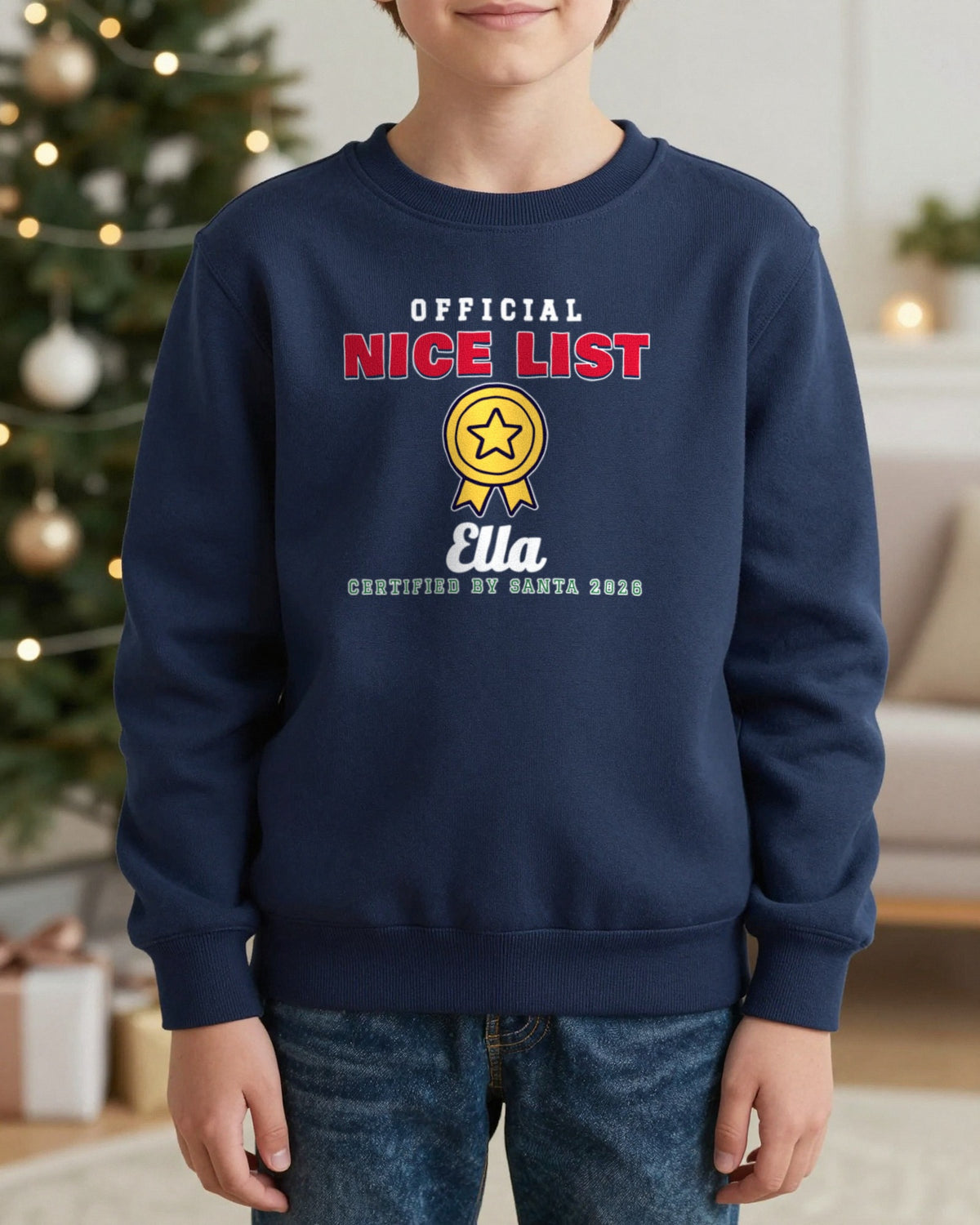 Kids Personalised Nice List Christmas Jumper & T-Shirt worn
