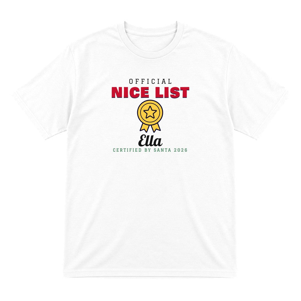 Kids Personalised Nice List Christmas Jumper & T-Shirt Nice T-Shirt in White