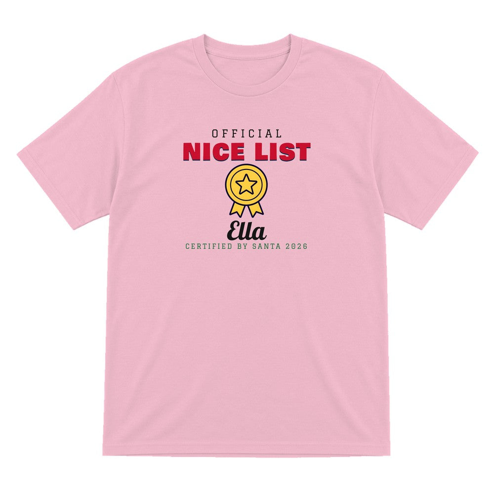 Kids Personalised Nice List Christmas Jumper & T-Shirt Nice T-Shirt in Light Pink