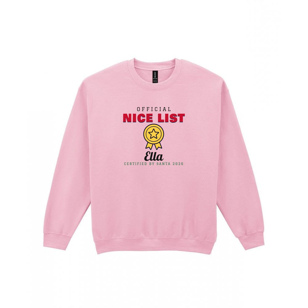 Kids Personalised Nice List Christmas Jumper & T-Shirt Nice Sweatshirt in Light Pink