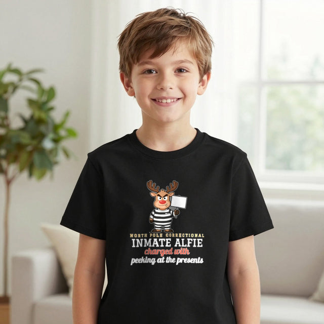 Kids Personalised North Pole Correctional Christmas T-Shirt & Sweatshirt | Inmate Name, Charged With Anything You Like