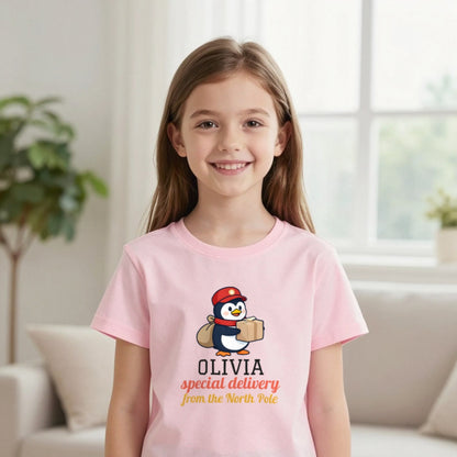 Kids Personalised North Pole Delivery Christmas T-Shirt & Sweatshirt T-Shirt in Light Pink, worn, our photo