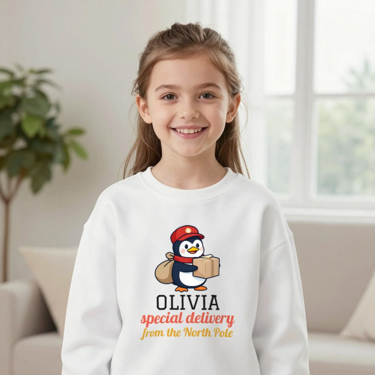 Kids Personalised North Pole Delivery Christmas T-Shirt & Sweatshirt Sweatshirt in White, worn, our photo