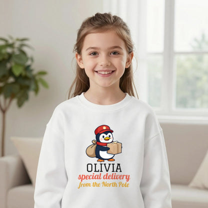 Kids Personalised North Pole Delivery Christmas T-Shirt & Sweatshirt Sweatshirt in White, worn, our photo