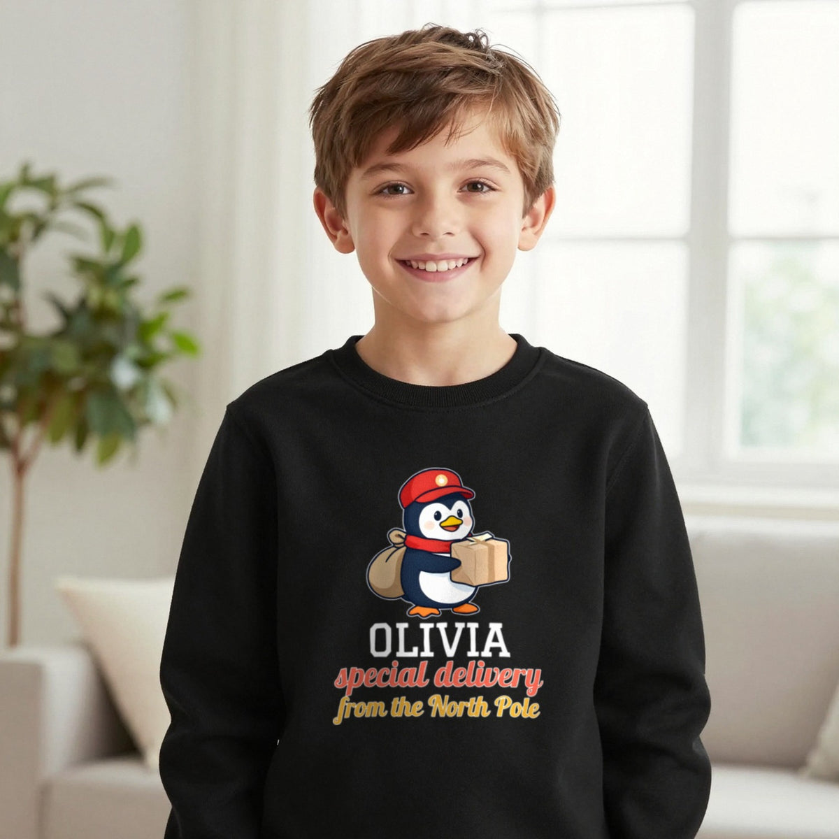 Kids Personalised North Pole Delivery Christmas T-Shirt & Sweatshirt Sweatshirt in Black, worn, our photo