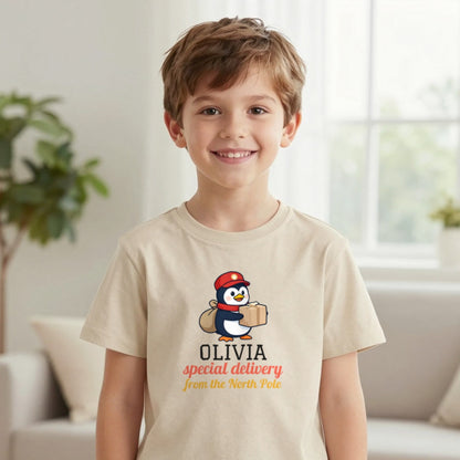 Kids Personalised North Pole Delivery Christmas T-Shirt & Sweatshirt T-Shirt in Sand, worn, our photo