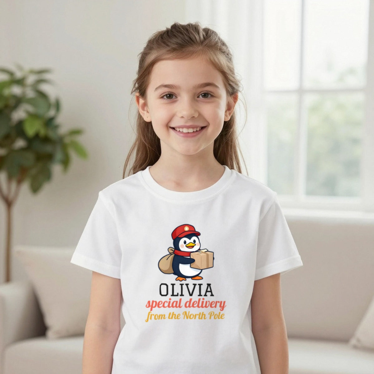 Kids Personalised North Pole Delivery Christmas T-Shirt & Sweatshirt T-Shirt in White, worn, our photo