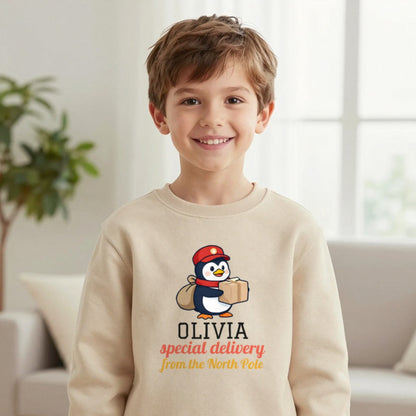 Kids Personalised North Pole Delivery Christmas T-Shirt & Sweatshirt Sweatshirt in Sand, worn, our photo