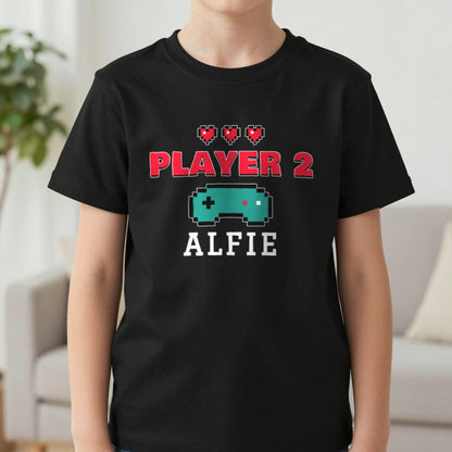 Kids Personalised Player 2 T-Shirt & Sweatshirt T-Shirt in Black, worn, our photo
