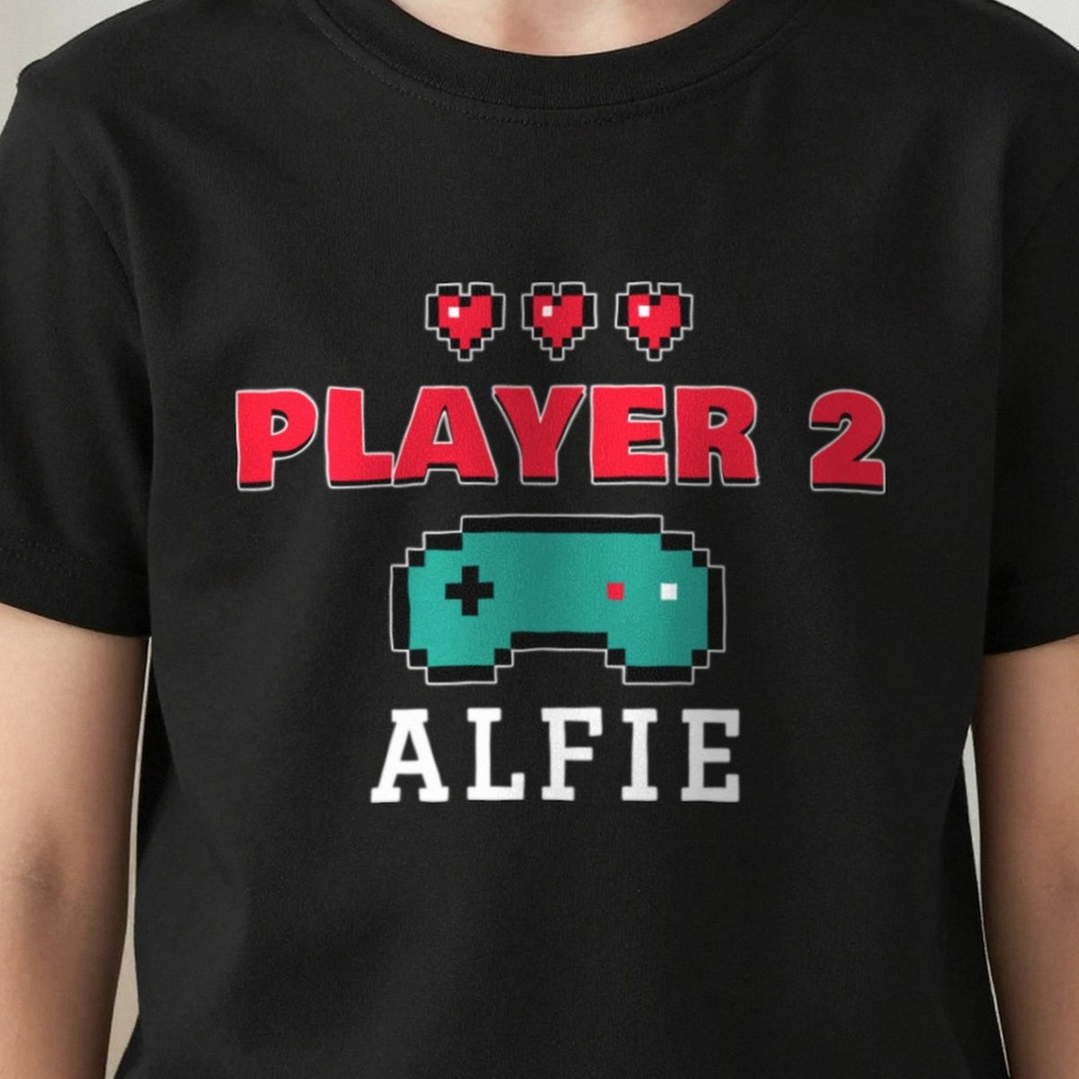 Kids Personalised Player 2 T-Shirt & Sweatshirt print close-up, our photo