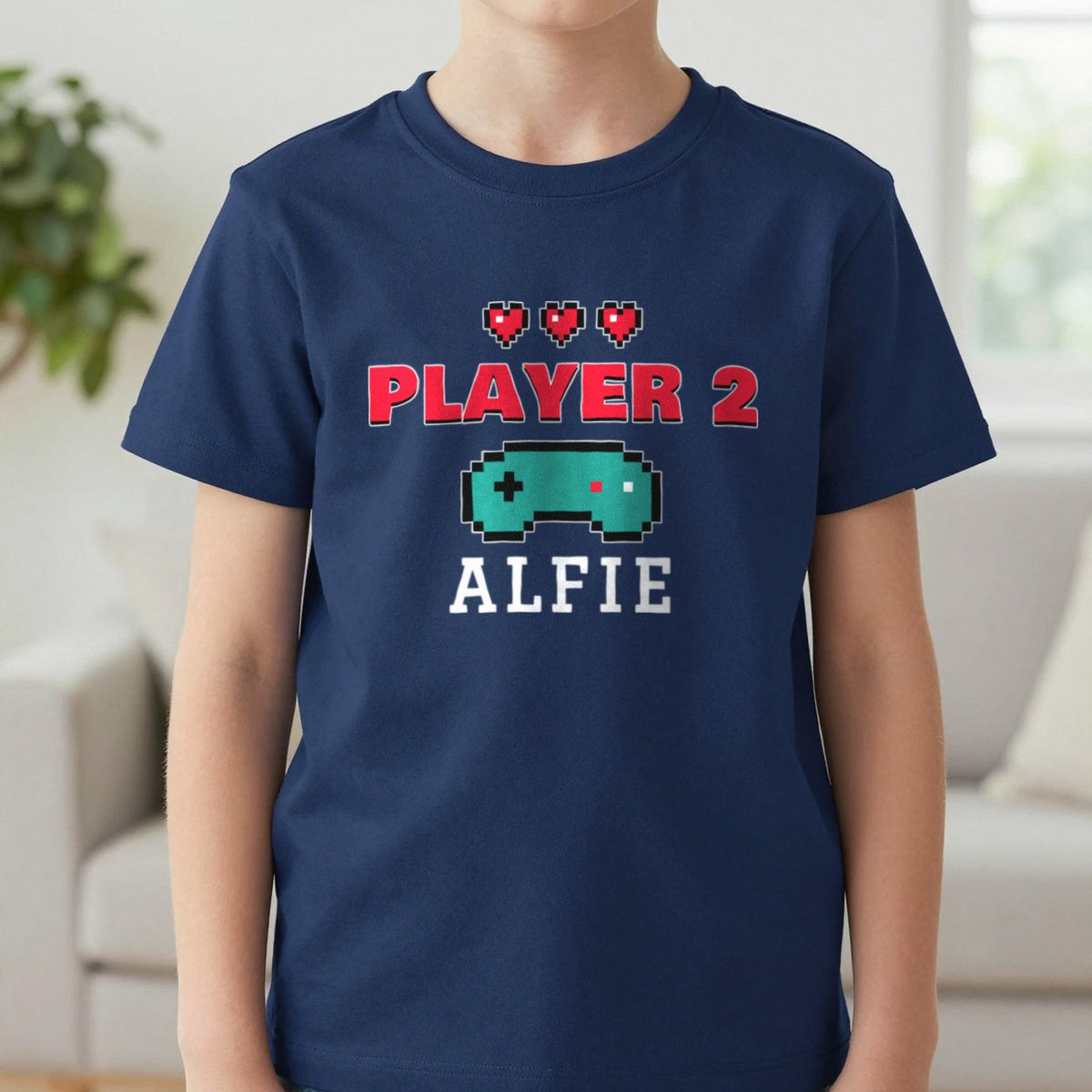 Kids Personalised Player 2 T-Shirt & Sweatshirt T-Shirt in Navy, worn, our photo