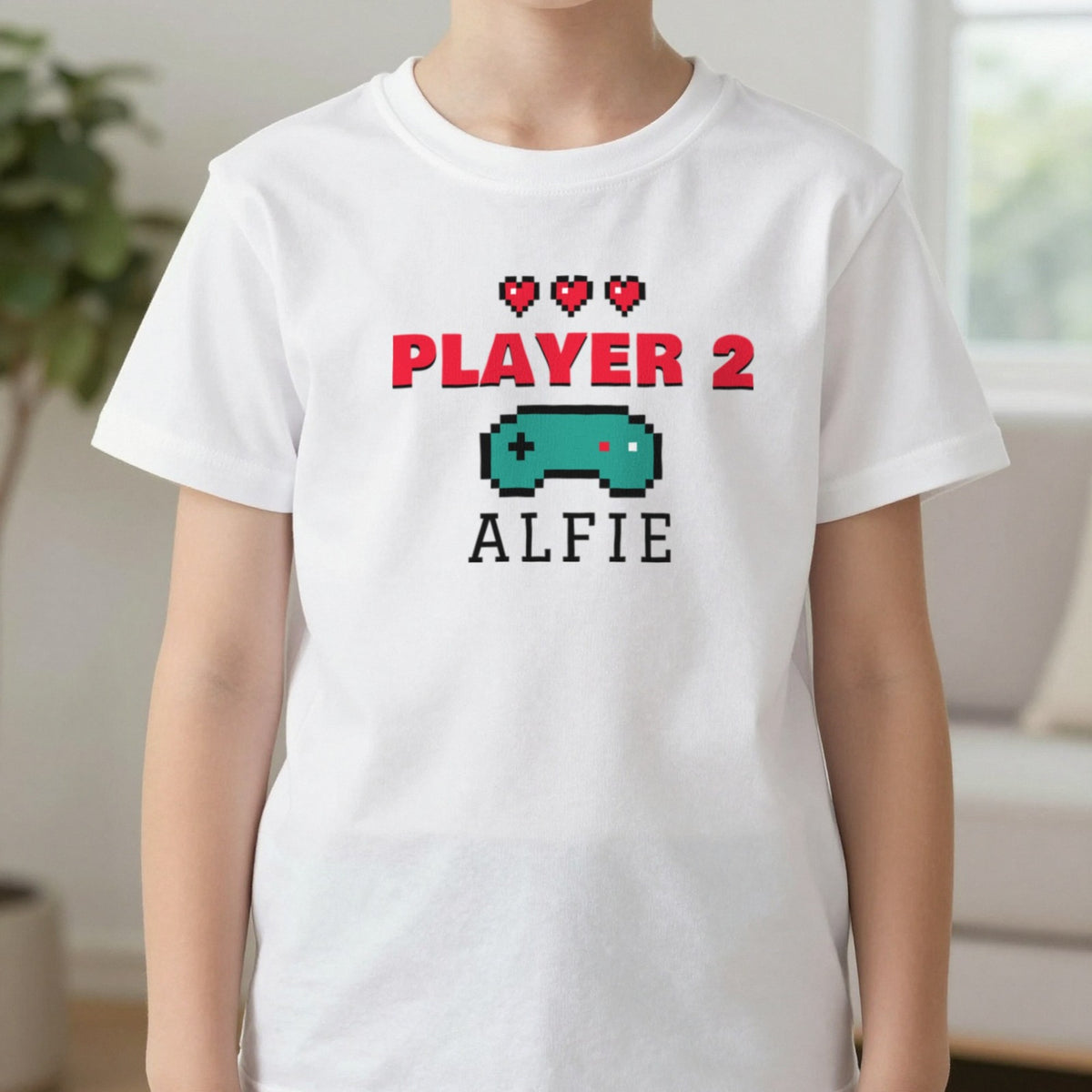 Kids Personalised Player 2 T-Shirt & Sweatshirt T-Shirt in White, worn, our photo