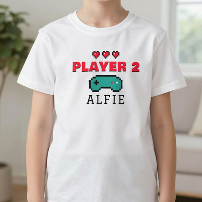 Kids Personalised Player 2 T-Shirt & Sweatshirt T-Shirt in White, worn, our photo