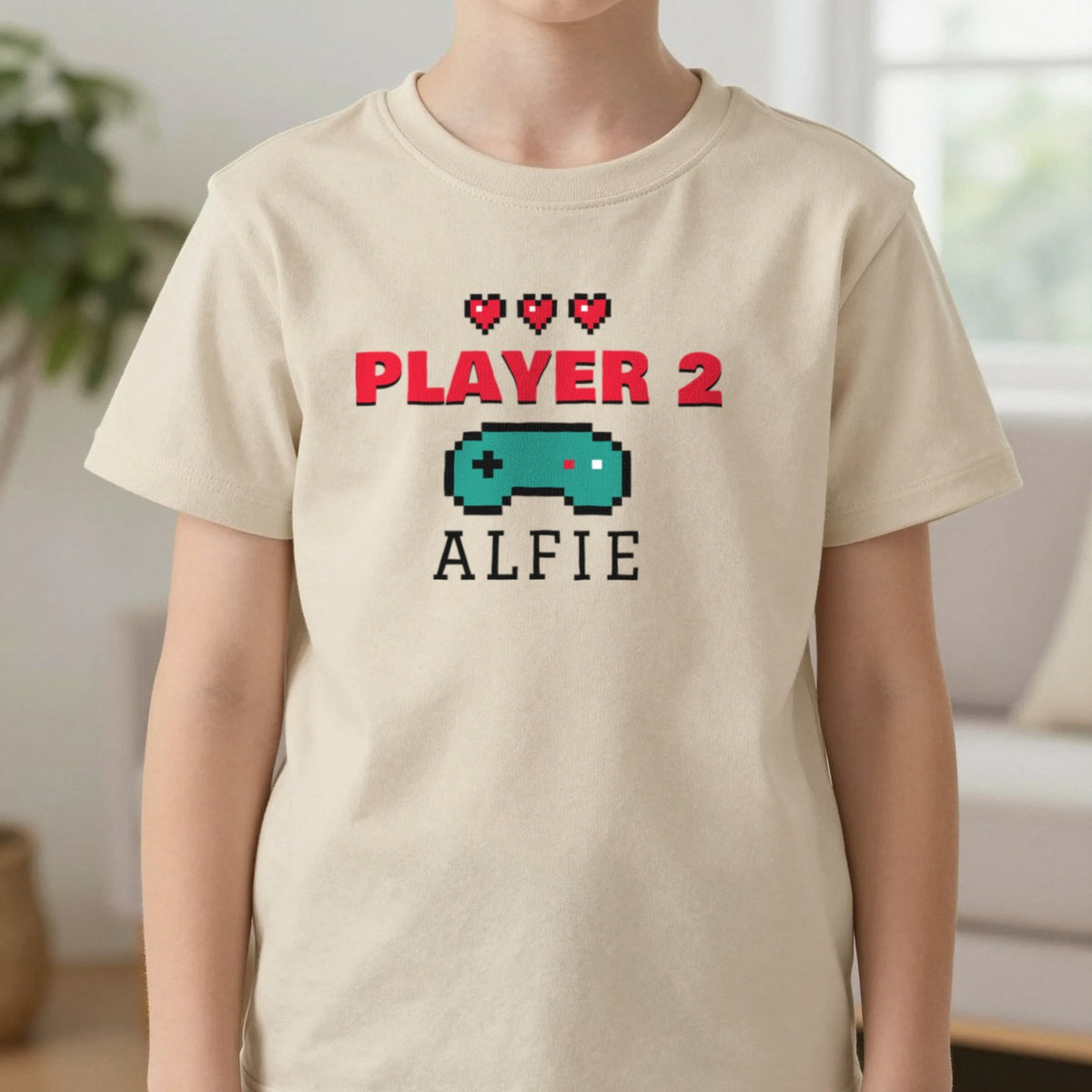 Kids Personalised Player 2 T-Shirt & Sweatshirt T-Shirt in Sand, worn, our photo