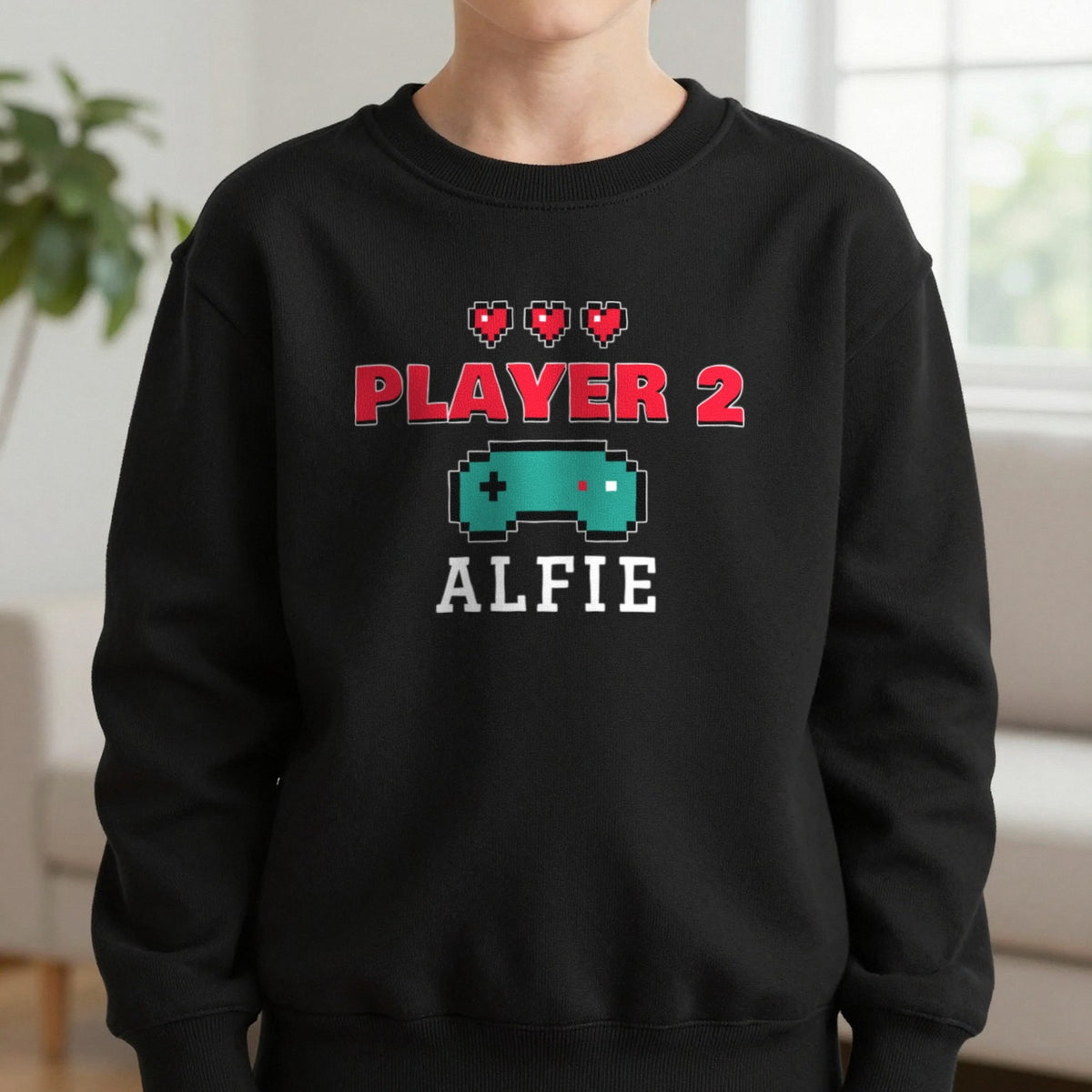 Kids Personalised Player 2 T-Shirt & Sweatshirt Sweatshirt in Black, worn, our photo