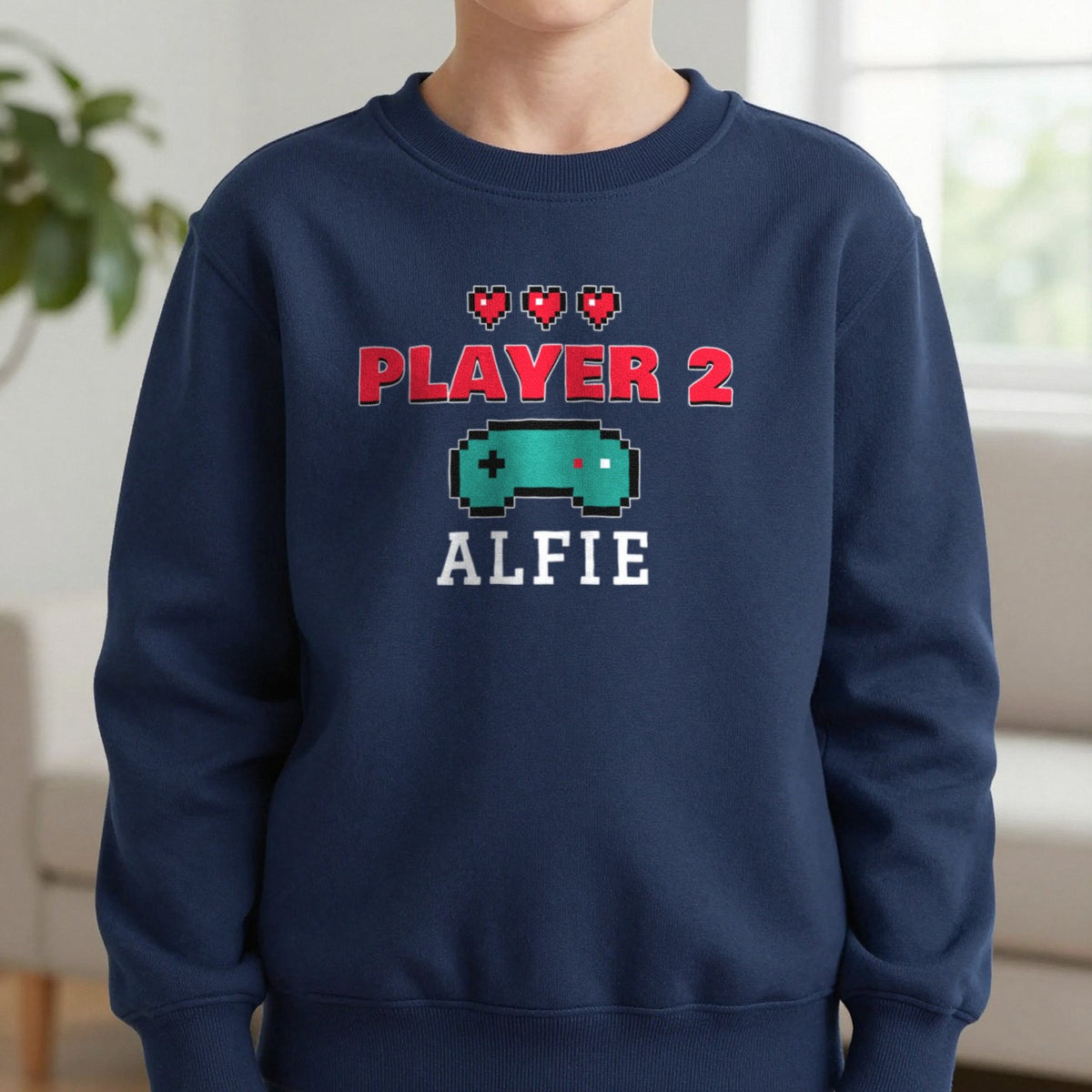 Kids Personalised Player 2 T-Shirt & Sweatshirt Sweatshirt in Navy, worn, our photo